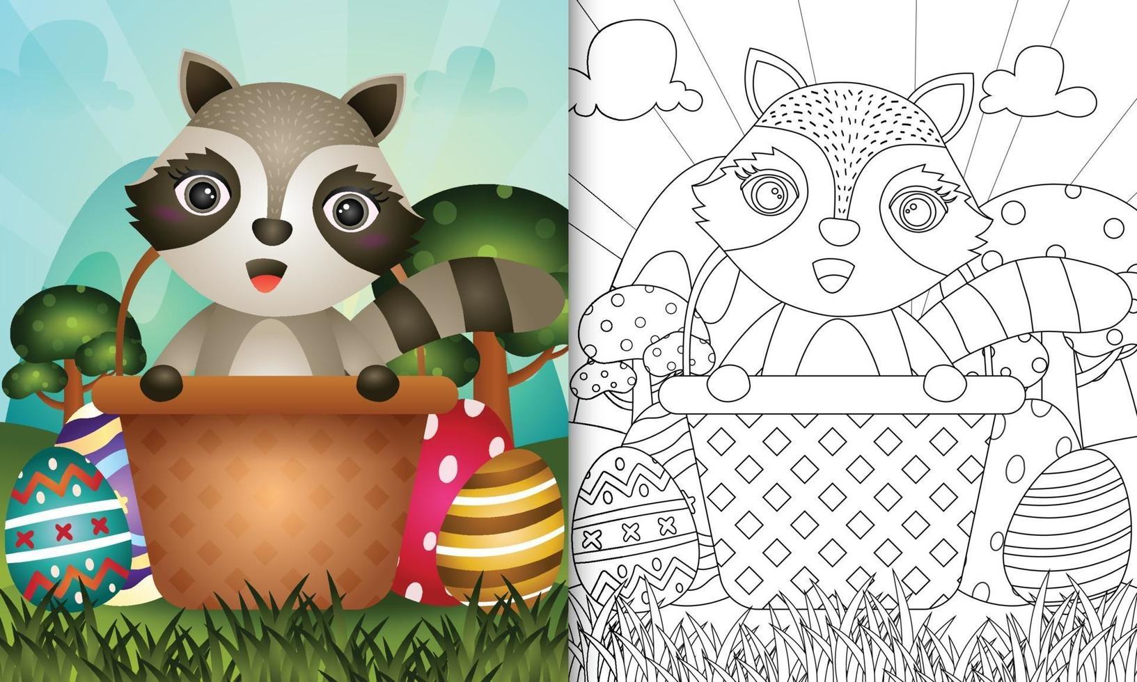 coloring book for kids themed happy easter day with character illustration of a cute raccoon in the bucket egg vector