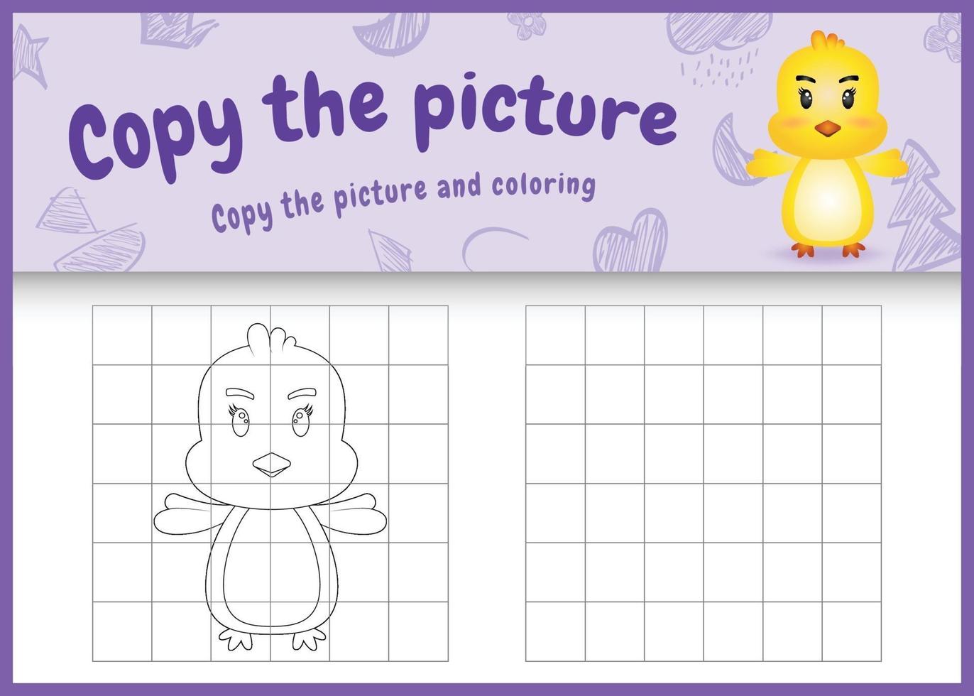 Copie la imagen del juego para niños y la página para colorear con una linda ilustración de personaje de pollito vector