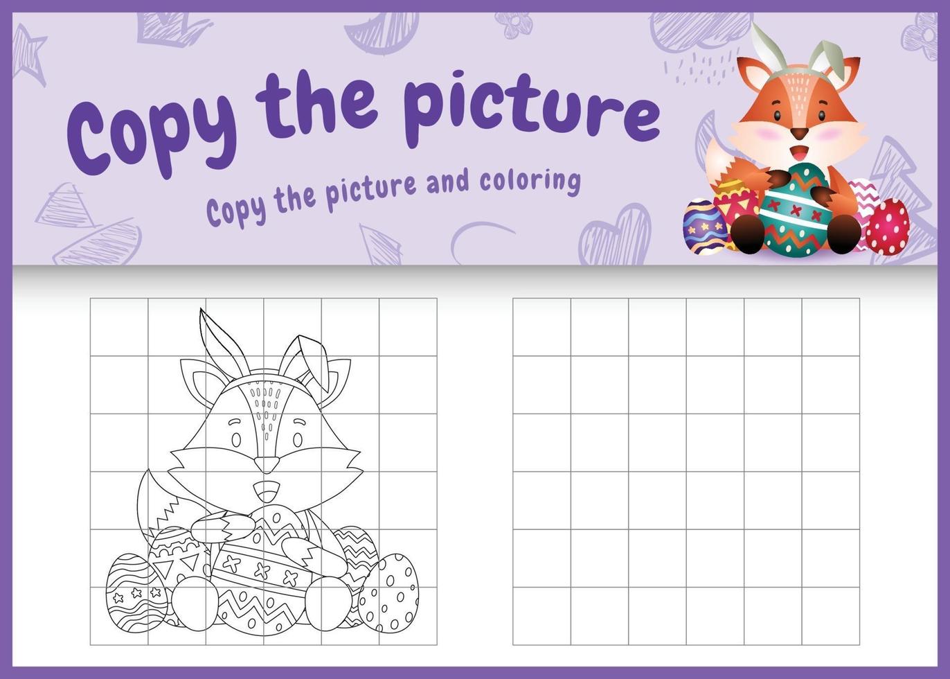 copy the picture kids game and coloring page themed easter with a cute fox using bunny ears headbands hugging eggs vector