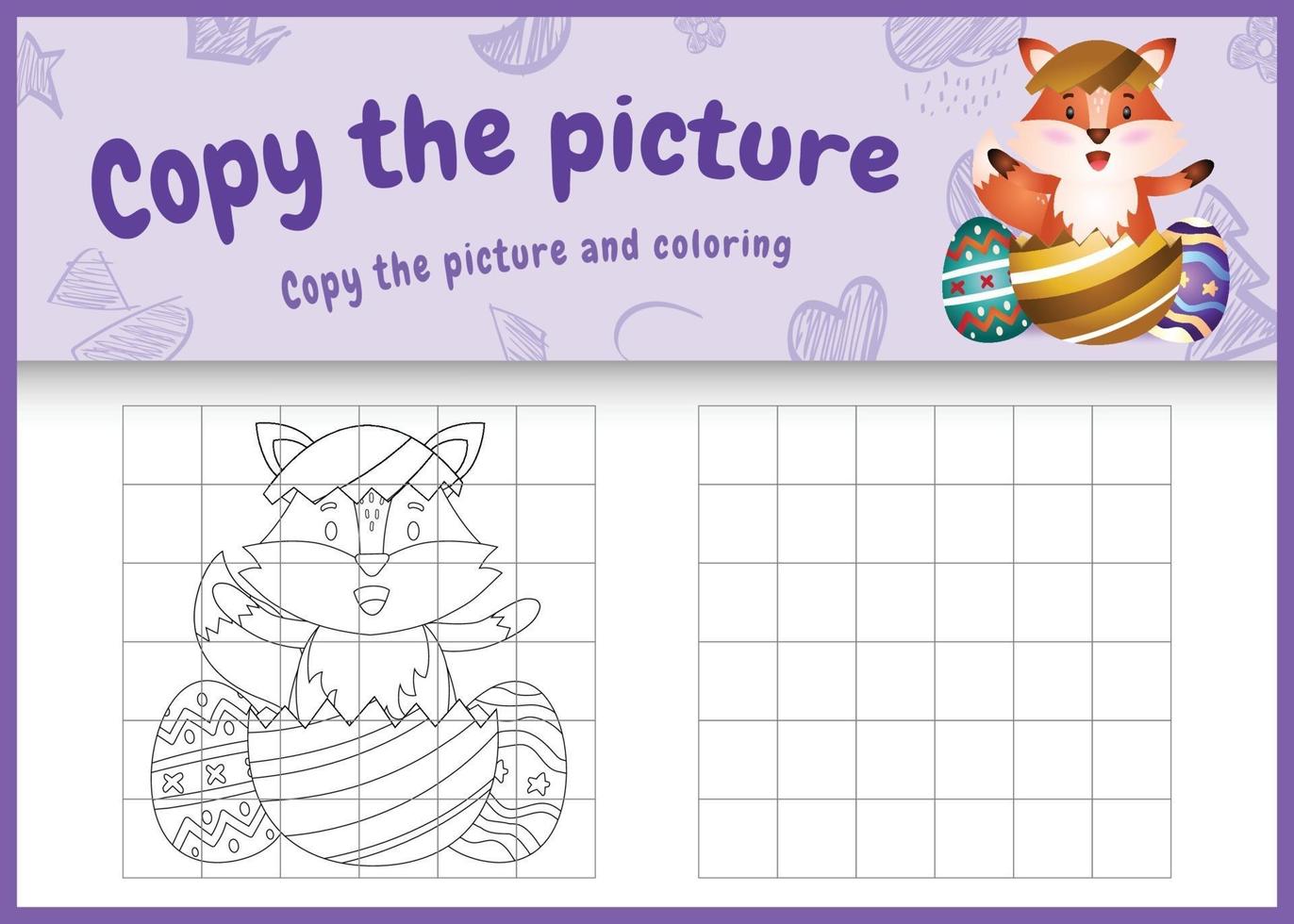 Copie la imagen del juego para niños y coloree la página temática de pascua con un lindo zorro en el huevo vector