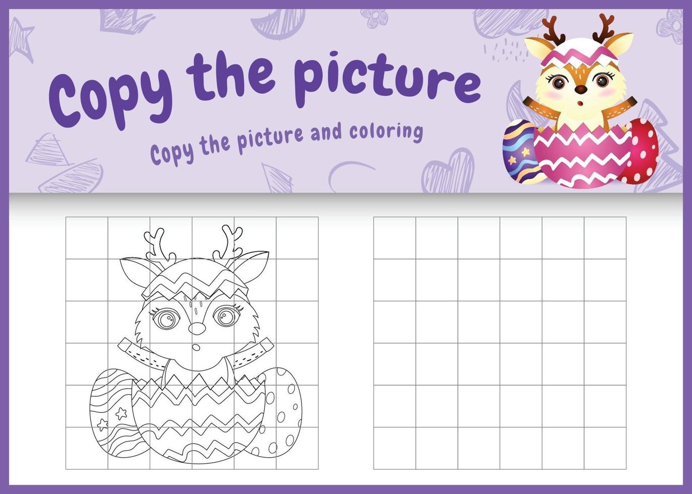 copy the picture kids game and coloring page themed easter with a cute deer in the egg vector