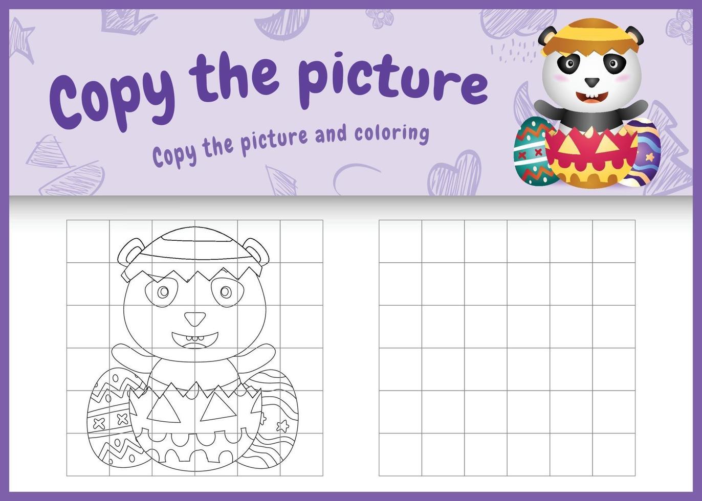 copy the picture kids game and coloring page themed easter with a cute panda in the egg vector