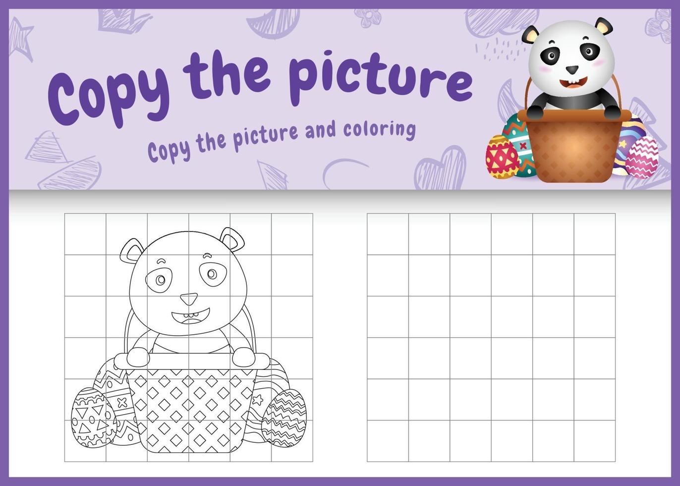 copy the picture kids game and coloring page themed easter with a cute panda in bucket egg vector
