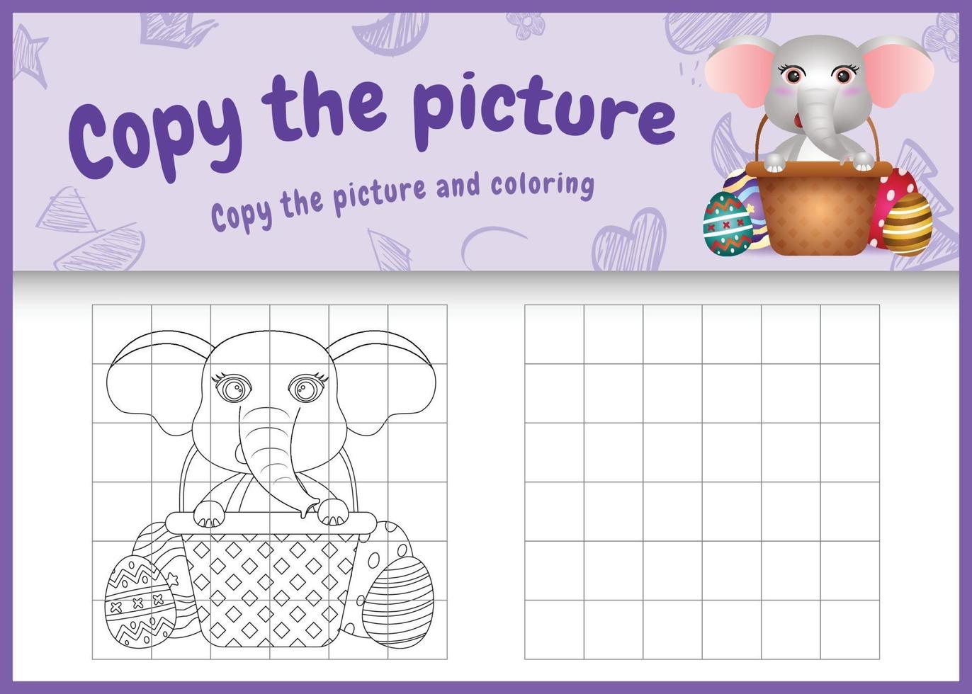 copy the picture kids game and coloring page themed easter with a cute elephant in bucket egg vector