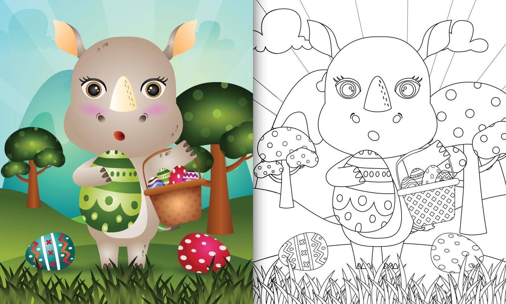 Libro para colorear para niños con temática feliz día de pascua con ilustración de personaje de un lindo rinoceronte sosteniendo el cubo de huevo y huevo de pascua vector