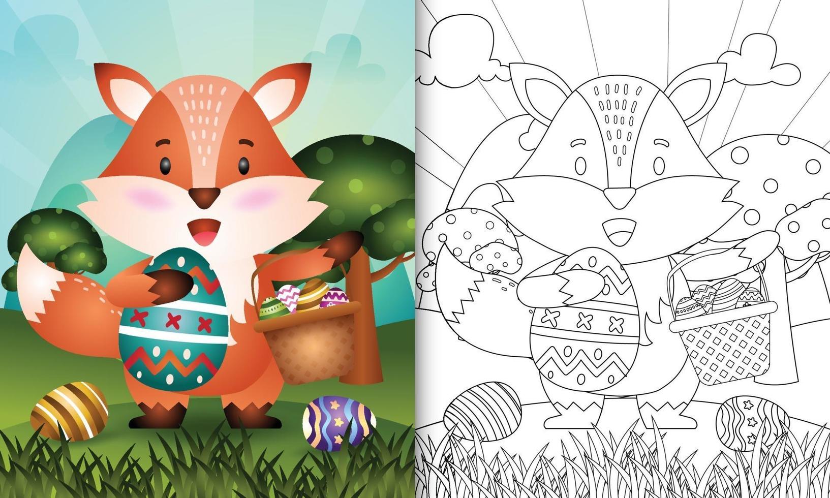 coloring book for kids themed happy easter day with character illustration of a cute fox holding the bucket egg and easter egg vector