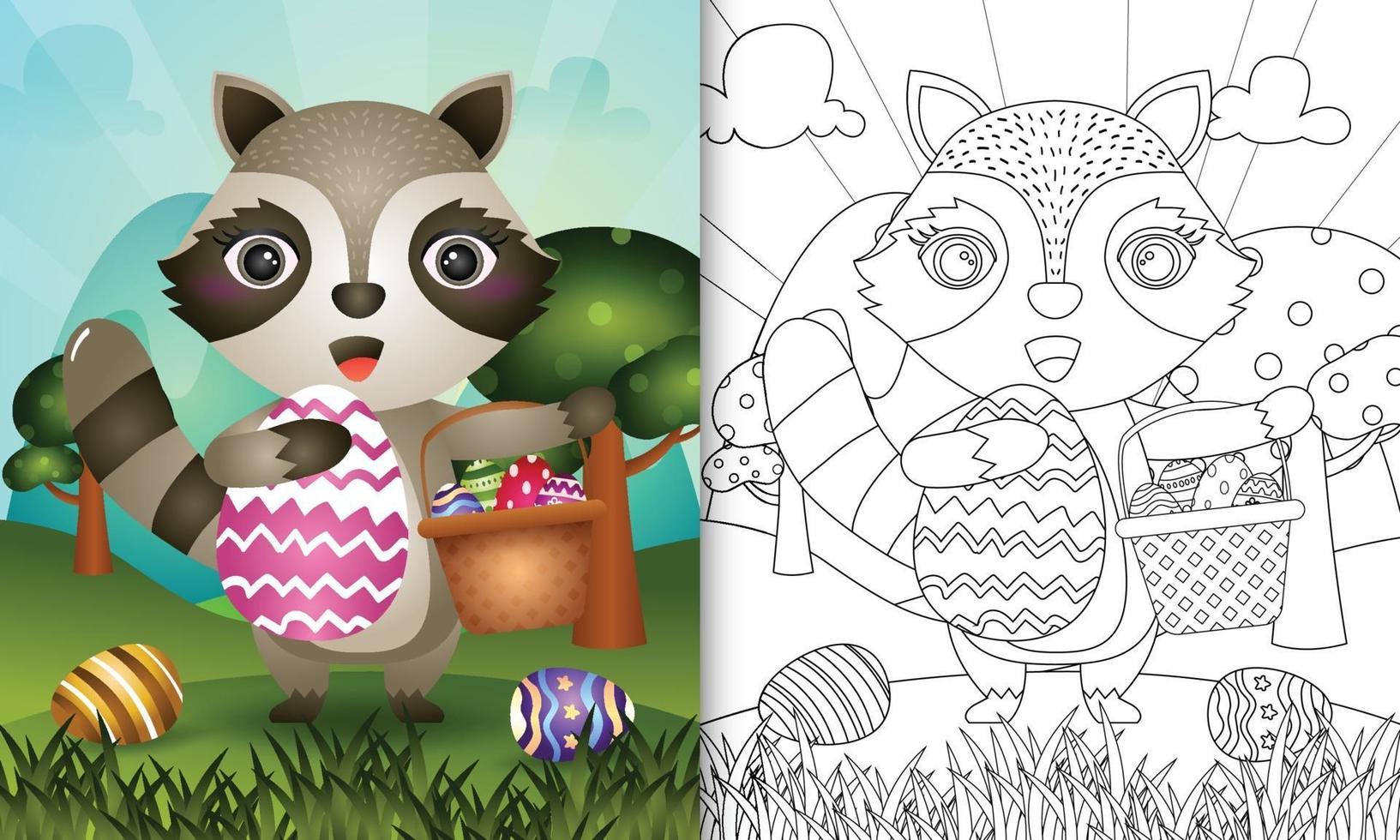 Libro para colorear para niños con temática feliz día de pascua con ilustración de personaje de un lindo mapache sosteniendo el huevo de cubo y el huevo de pascua vector