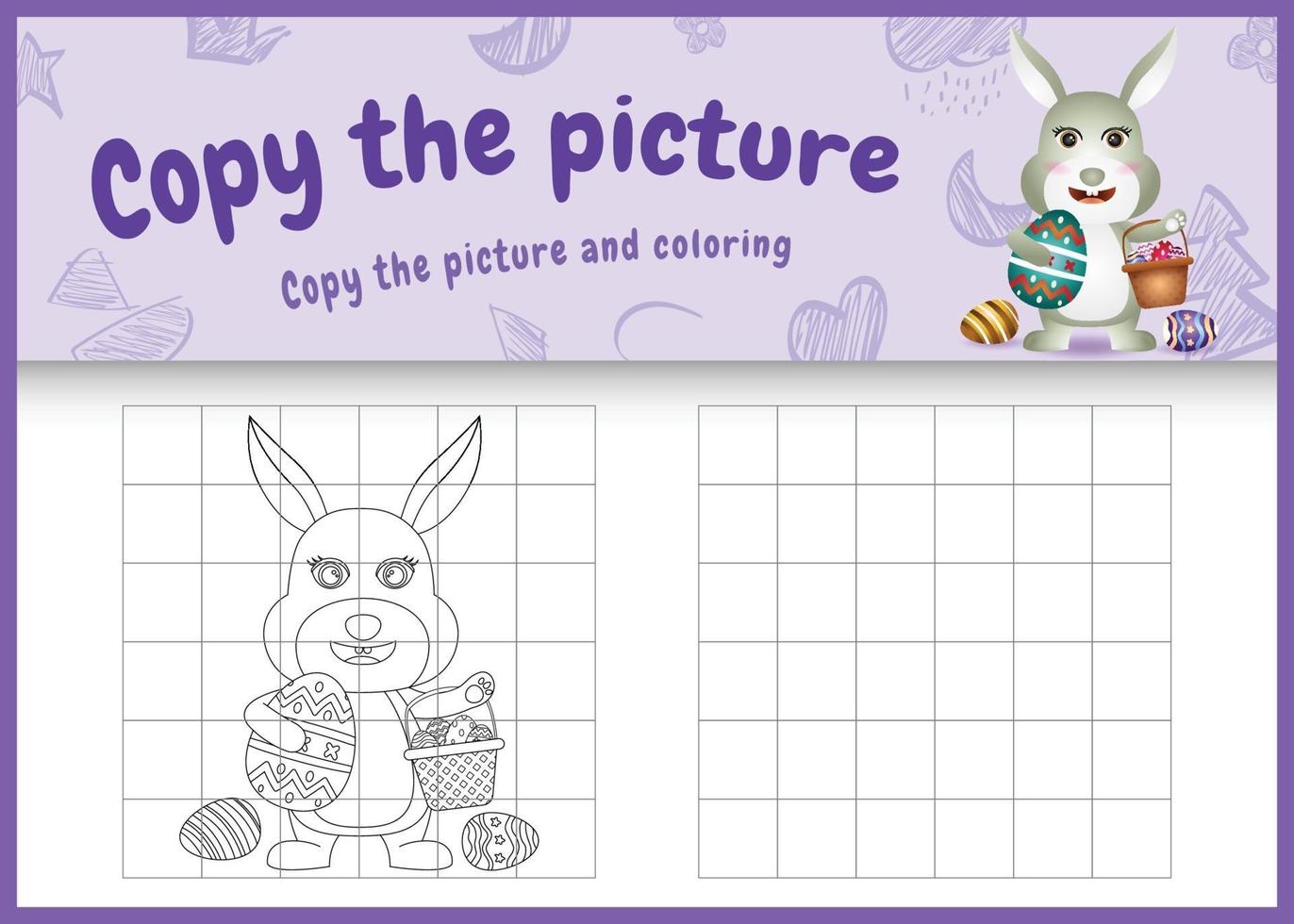 Copie la imagen del juego para niños y la página para colorear de Pascua con un lindo conejo sosteniendo el huevo de cubo y el huevo de Pascua vector