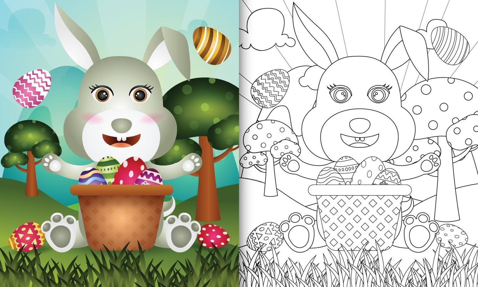 Libro para colorear para niños con temática feliz día de pascua con ilustración de personaje de un lindo conejo en el huevo de cubo vector