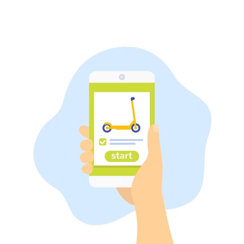 kick scooter sharing app, phone in hand, vector