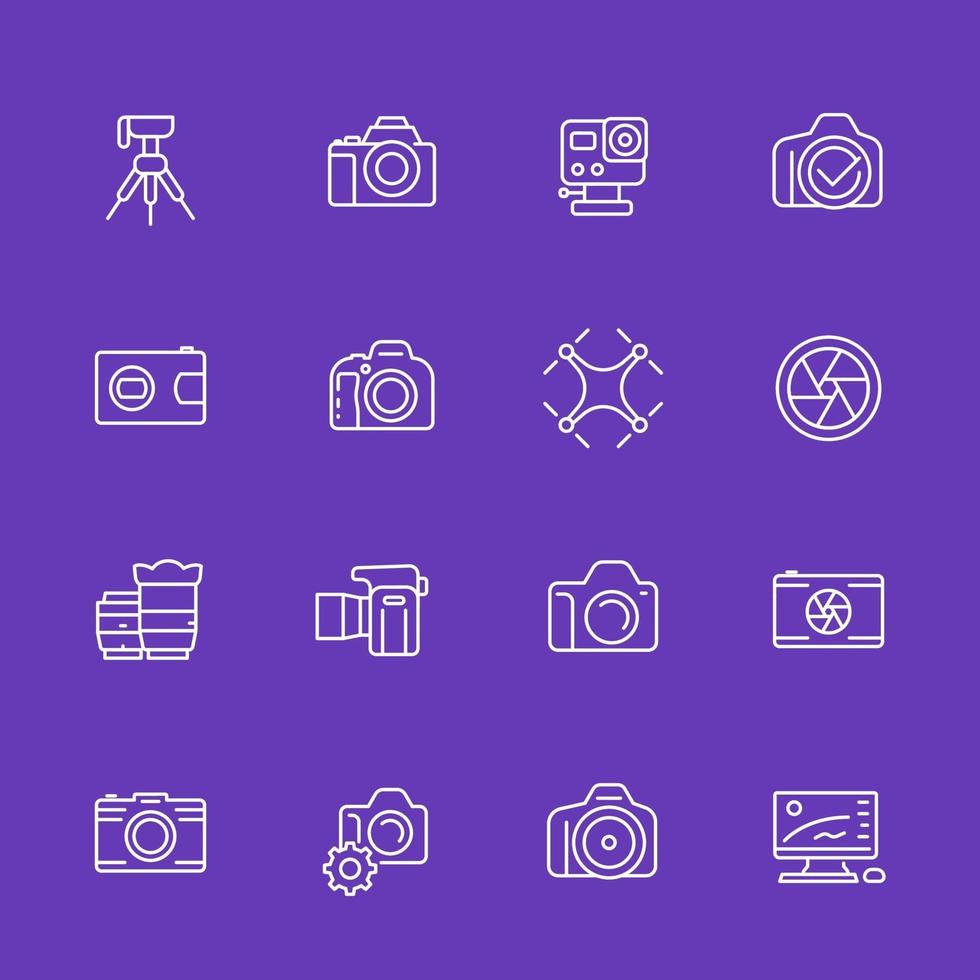 photography thin line icons, mirrorless, action camera, lenses, drone photo vector