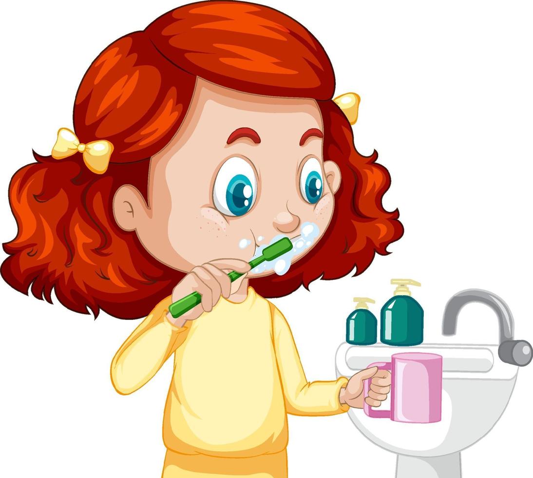 A girl cartoon character brushing teeth with water sink vector