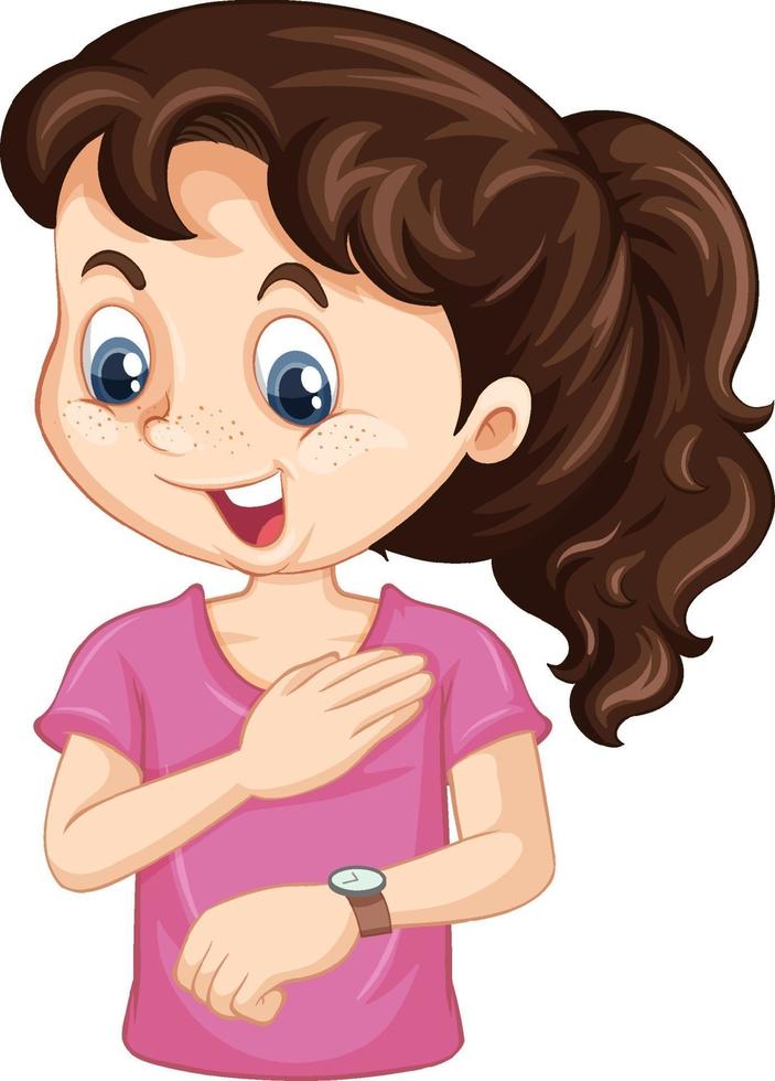 personaje de dibujos animados de niña mirando el reloj de pulsera vector