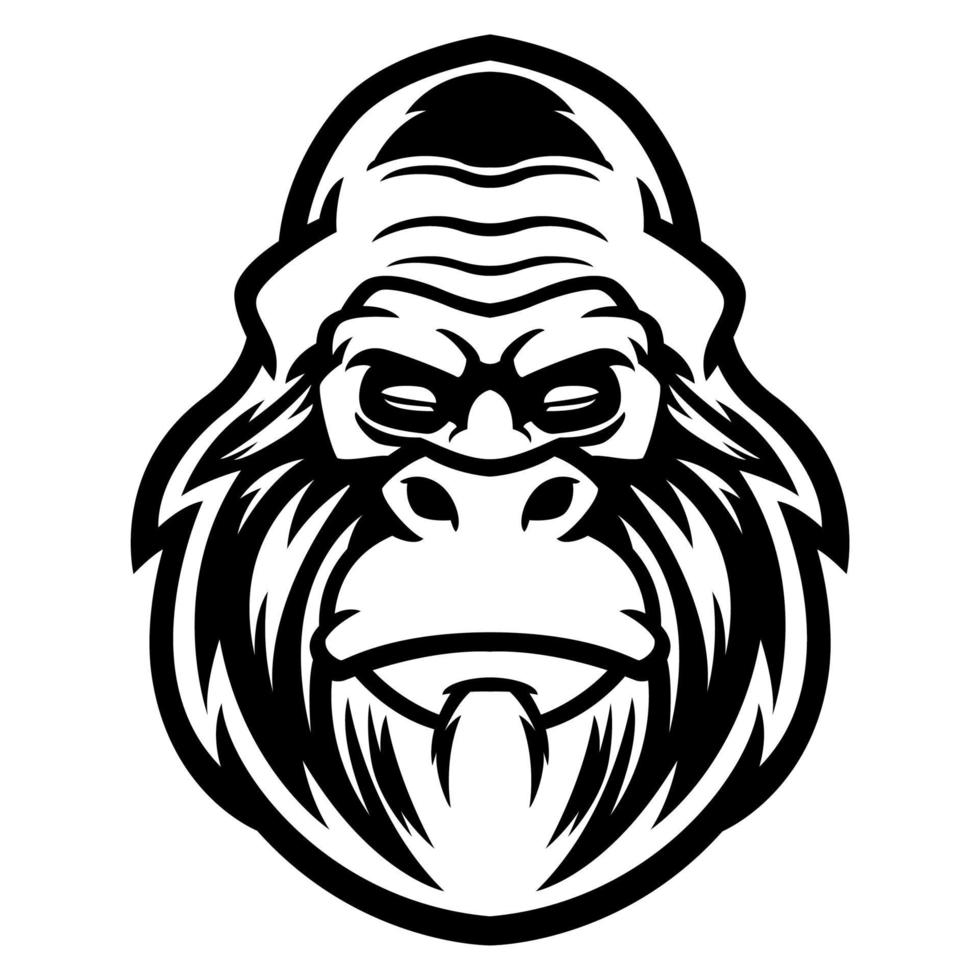 vector de diseño de camisetas y prendas de vestir, impresión, póster con la cara estilizada de un mono chimpancé. Cabeza de gorila con expresión de ira aislada sobre fondo blanco. ilustración para mascota cool dude