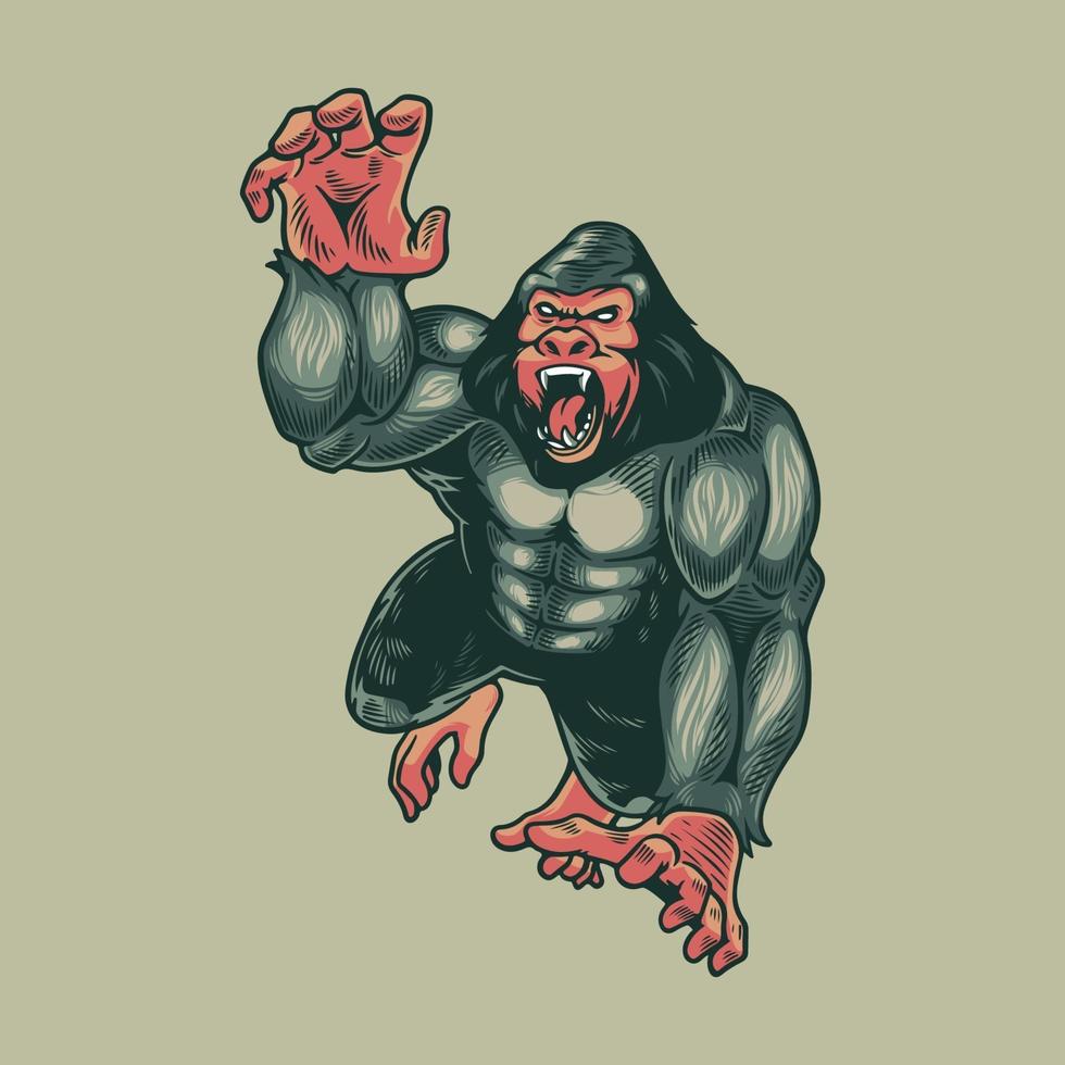 Angry gorilla monkey. Animals primates beast mystic isolated on grey background. Kong mascot logo design vector with modern illustration concept style for badge, emblem and t-shirt printing.