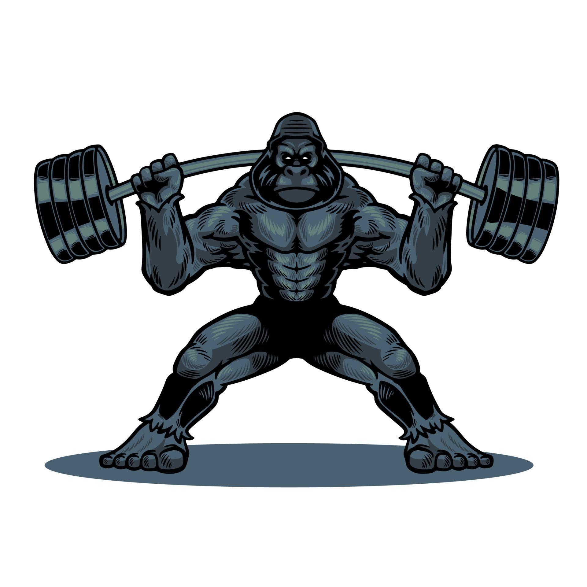 Hand drawn vintage colored gorilla with fitness barbell in cartoon ...