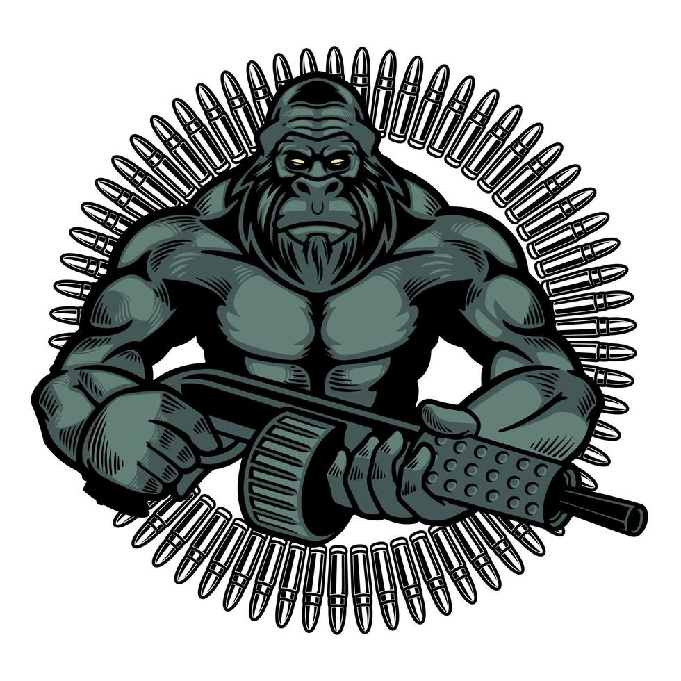 Vector illustration of wild monkey with machine gun in a retro style. Colored angry gorilla holding guns with isolated on white background. Wild animals concept in cartoon style. T-shirt design