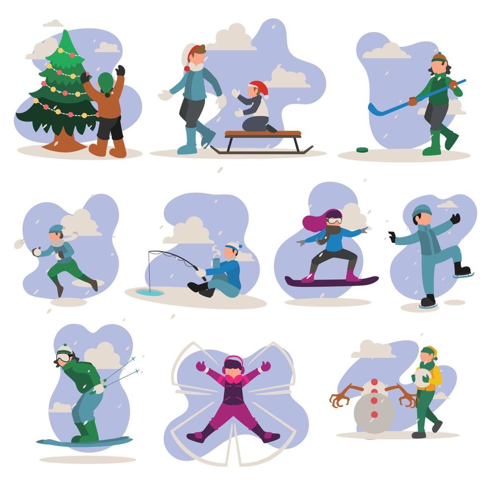 gente en el parque divirtiéndose y con actividades invernales, esquí, patinaje, pesca, niños jugando en la nieve, niños en trineo en ladera de la montaña. concepto de humor de invierno. Ilustración de vector de diseño de dibujos animados plana
