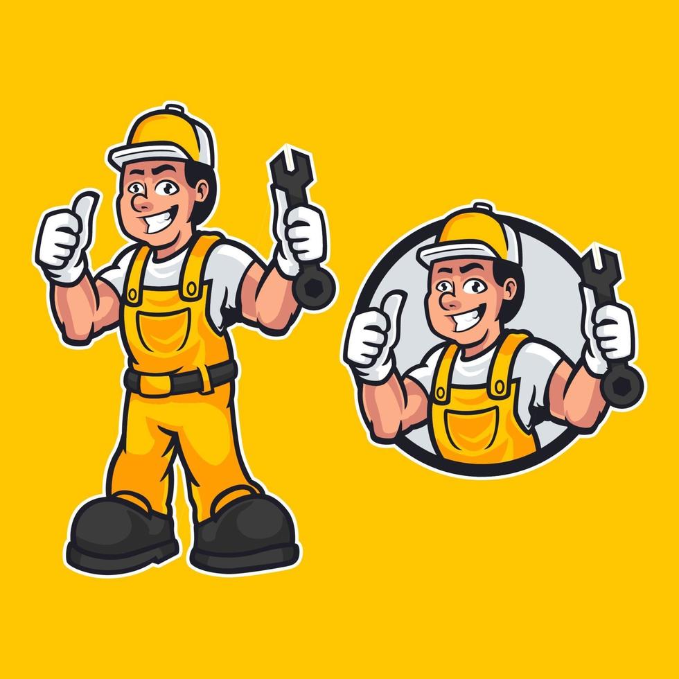 Hand-drawn vector illustration of happy carpenter handyman wearing work clothes and standing pose isolated on yellow background. Professional worker mascot in cartoon design. vector illustration