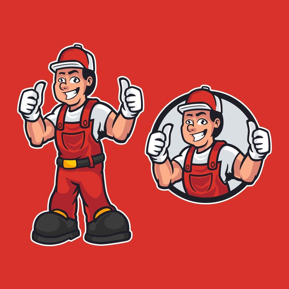 Professional worker in dressed work clothes and standing pose while giving thumbs up. Construction maintenance worker in mascot cartoon theme. Hand-drawn vector design illustration