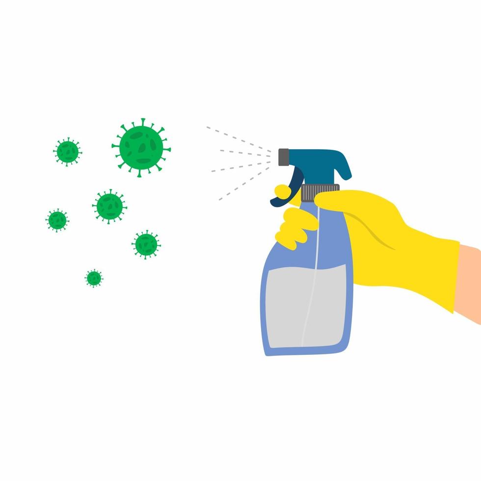 Hand wearing gloves holding disinfectant spray bottle. Pandemic, covid, hygiene, preventing virus concept for banner, website design or landing web page. Flat vector icon isolated on background