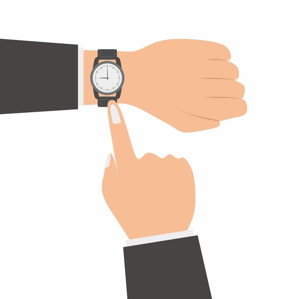 Manos humanas con estilo de iconos de dibujos animados planos de reloj. una mano masculina usa un reloj mientras muestra la hora en su reloj aislado sobre fondo blanco. concepto de gestión del tiempo. elementos de diseño vectorial vector