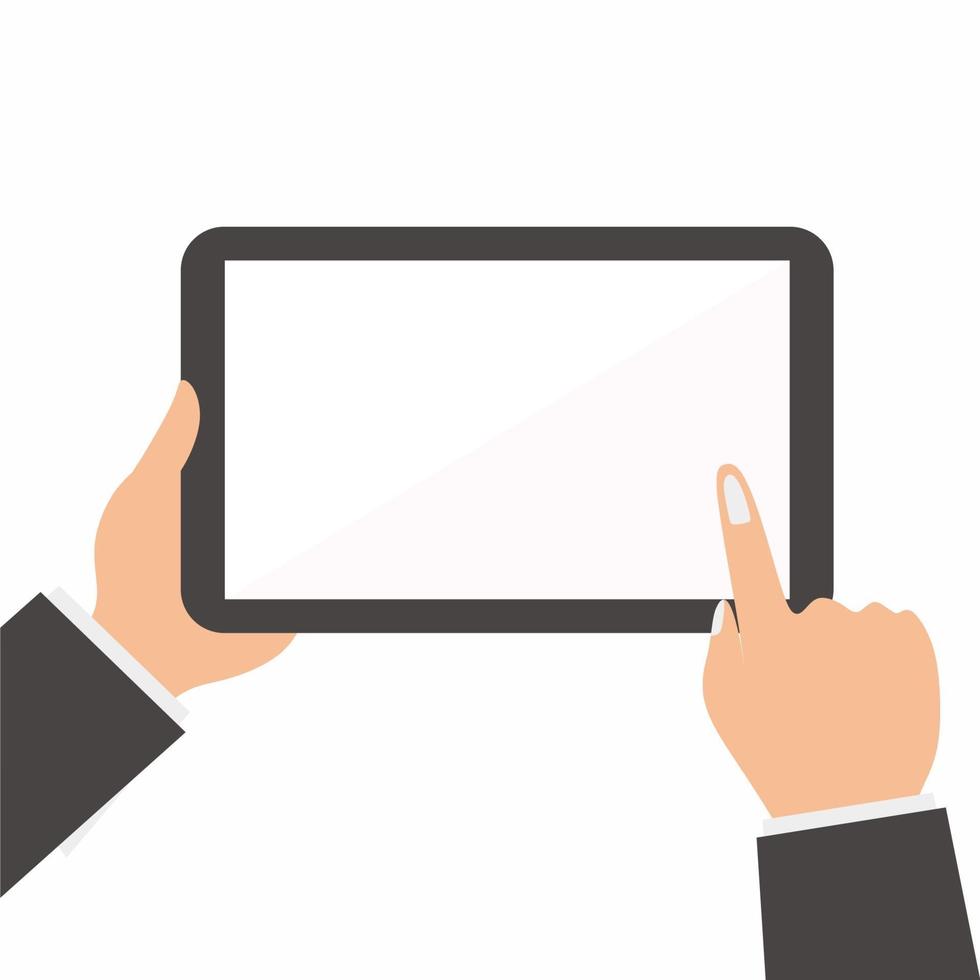 las manos del empresario sosteniendo la tableta y tocando en una pantalla en blanco. usando una tableta digital similar al concepto de ipad. Ilustración de vector de estilo de diseño plano para banner web, sitio web, infografía