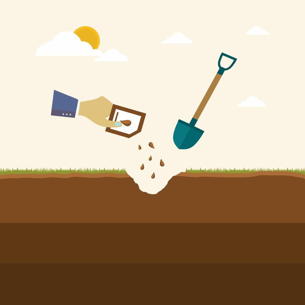 Hand planting seed in the ground. Gardening symbol isolated on a white background. Seedling tree poster about plant cultivation. Growing theme. Flat icon design vector illustration