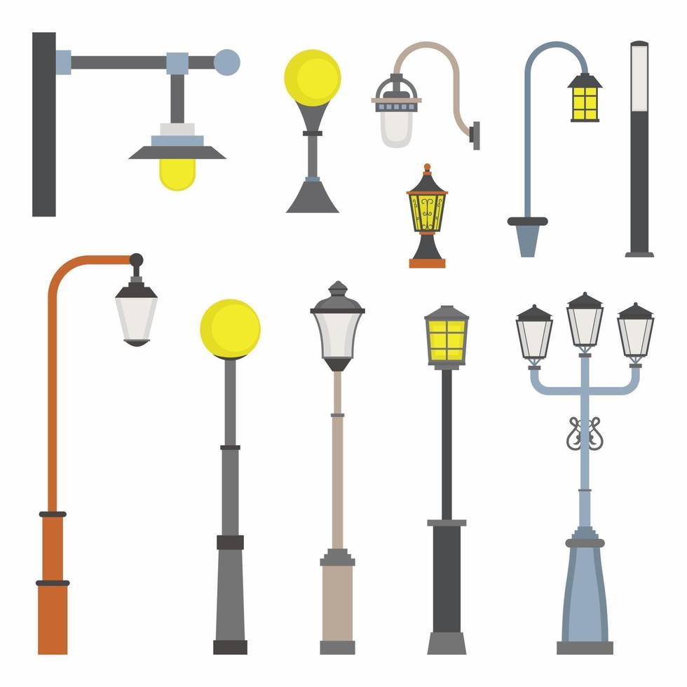 iconos de dibujos animados de objeto de luz de calle. Conjunto de farolas e iluminación exterior. Luz de linterna urbana de electricidad vintage, elementos de diseño de lámpara antigua exterior en estilo plano moderno. ilustración vectorial vector