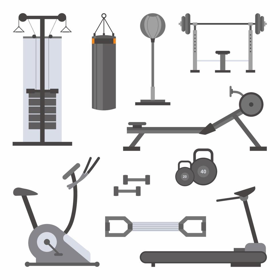 Vector flat icons set of fitness tools. Sport equipment in cartoon style. Active lifestyle accessories. Fitness or gym powerlifting tools theme. Workout, bodybuilding isolated on white background