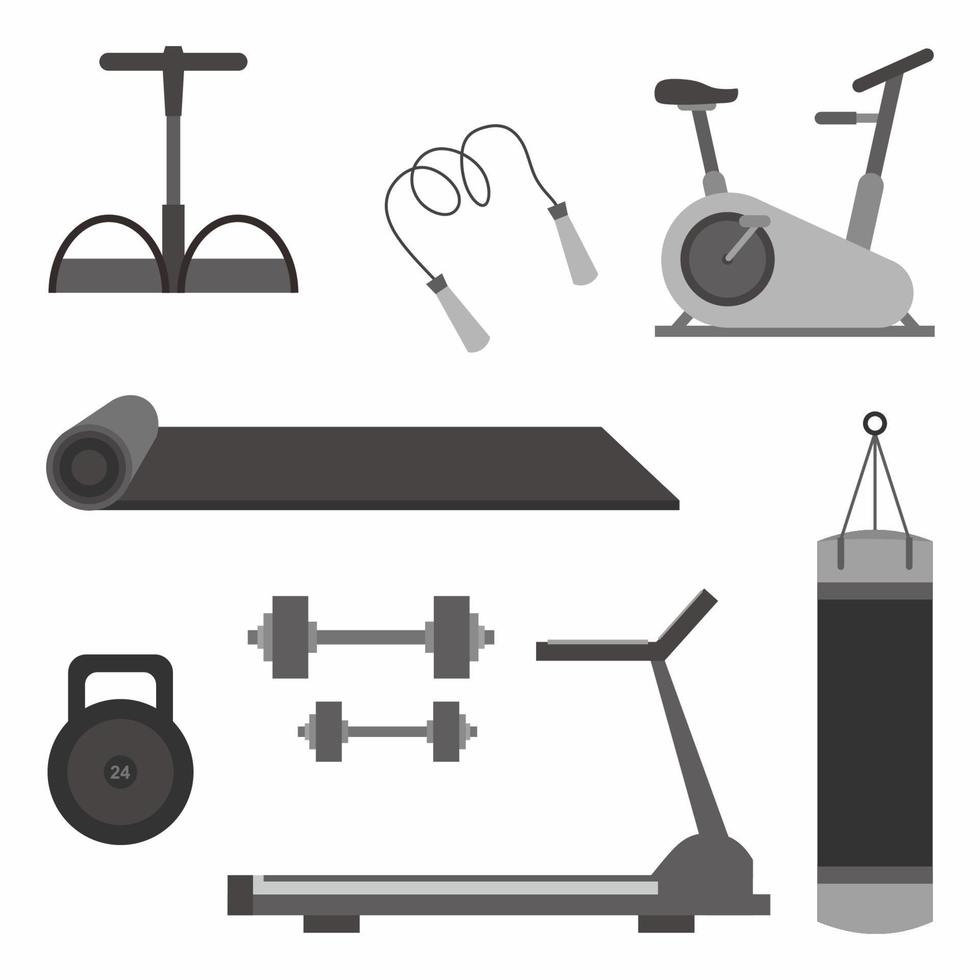 Set of different equipment for gym. Active lifestyle accessories. Fitness or gym powerlifting tools theme in cartoon style. Workout, bodybuilding isolated on white background. Vector flat icons