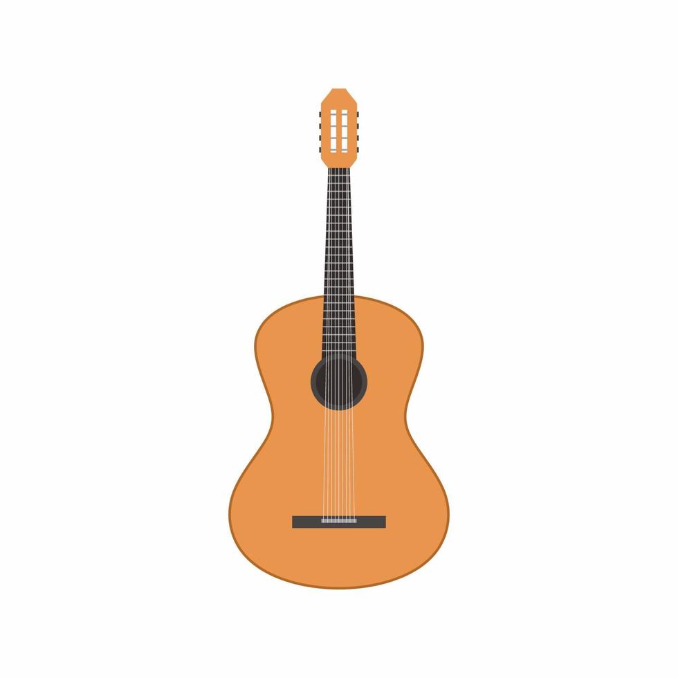 Acoustic guitar isolated on white background. Musical instrument sign in cartoon style. Stage entertainment equipment for musicians. Vector flat illustration. Music elements design