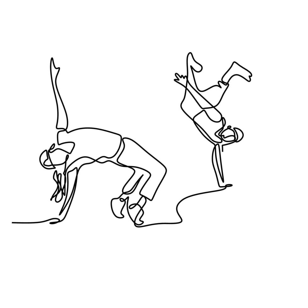 One continuous line drawing young modern street dancer man performing hip hop dance on the stage. Young male doing break dance. Sport dance concept. Minimalist design vector illustration