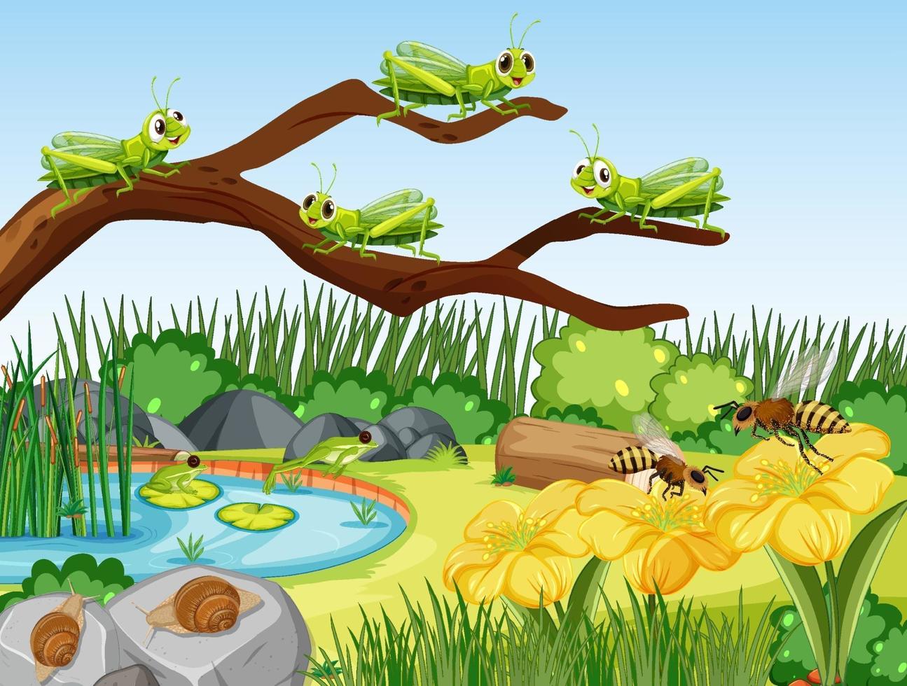 Garden scene with many grasshopper vector