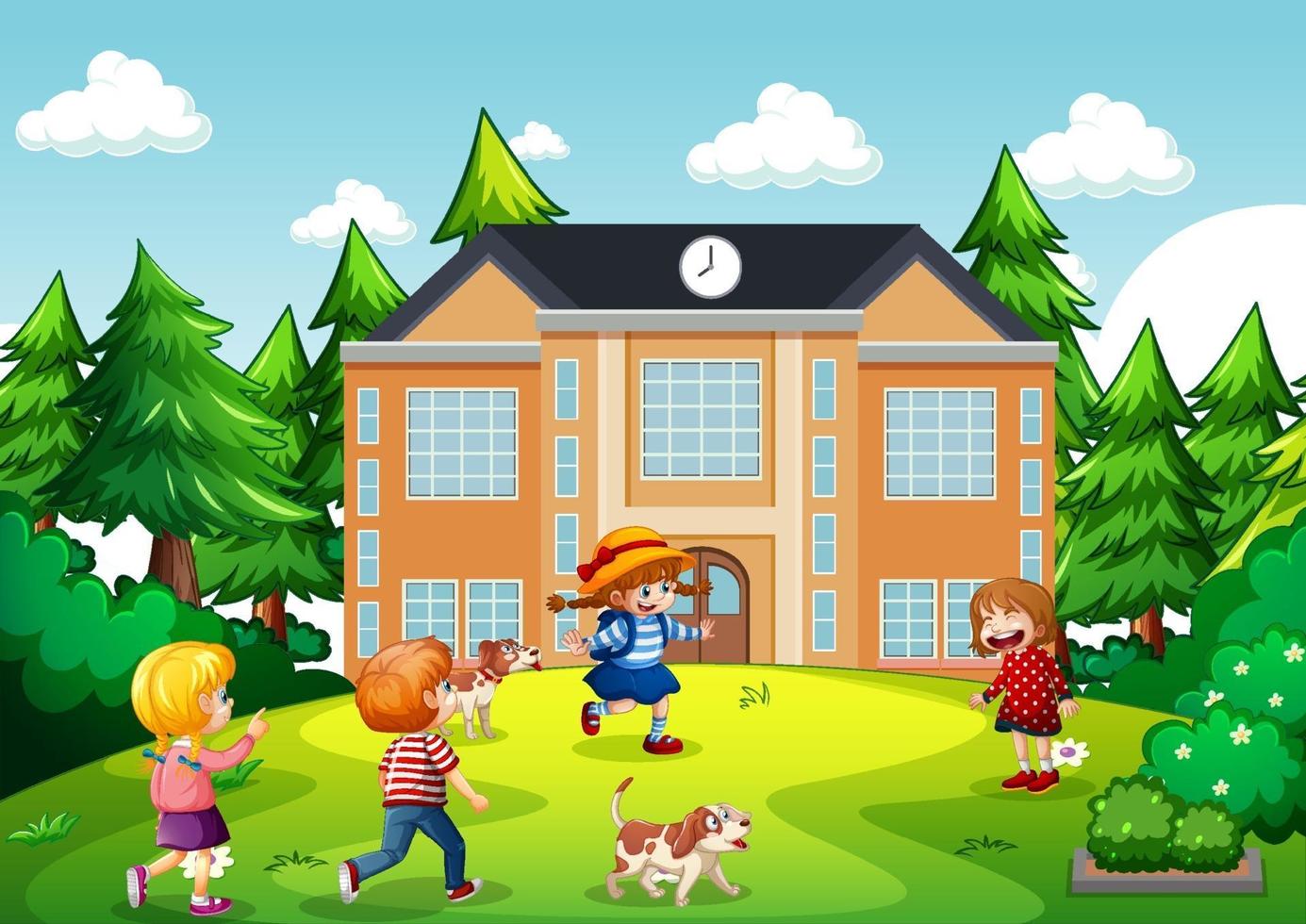 Outdoor scene with many children playing in front of school building vector
