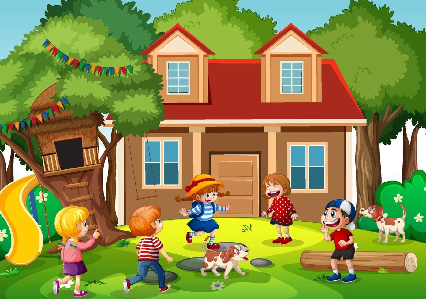 Outdoor scene with many children playing in front of the house vector