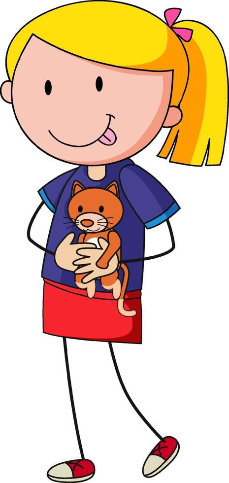 Cute girl holding a doll doodle cartoon character vector