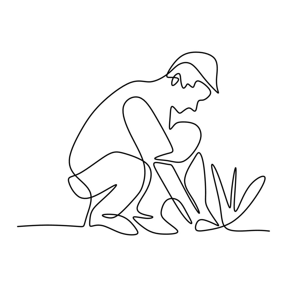 Continuous line drawing of a person planting a plants at home garden. Happy father is planting new species tree seed carefully. Taking care a houseplants. Back to nature concept. Vector illustration