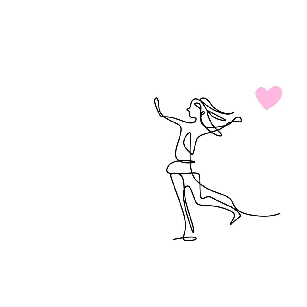 Continuous line drawing of woman dancing in love. Happy young beautiful girl dancing to express enjoying her life. Self love concept isolated on white background. Vector minimalism design