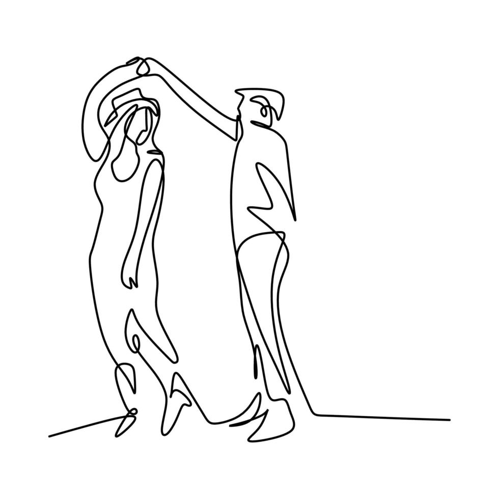 Continuous line drawing of happy couple dancing together. Young man and woman in romantic moment isolated on white background. The concept of love in love minimalist design. Vector illustration