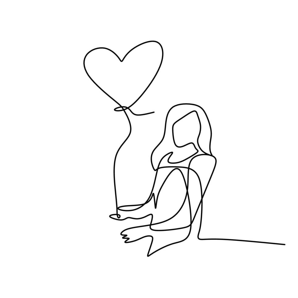 un dibujo de una sola línea de una mujer joven feliz dando un paseo y sosteniendo un globo en forma de corazón. símbolo de la sensación de estar enamorado estilo minimalista de diseño de arte lineal dibujado a mano. ilustración vectorial vector