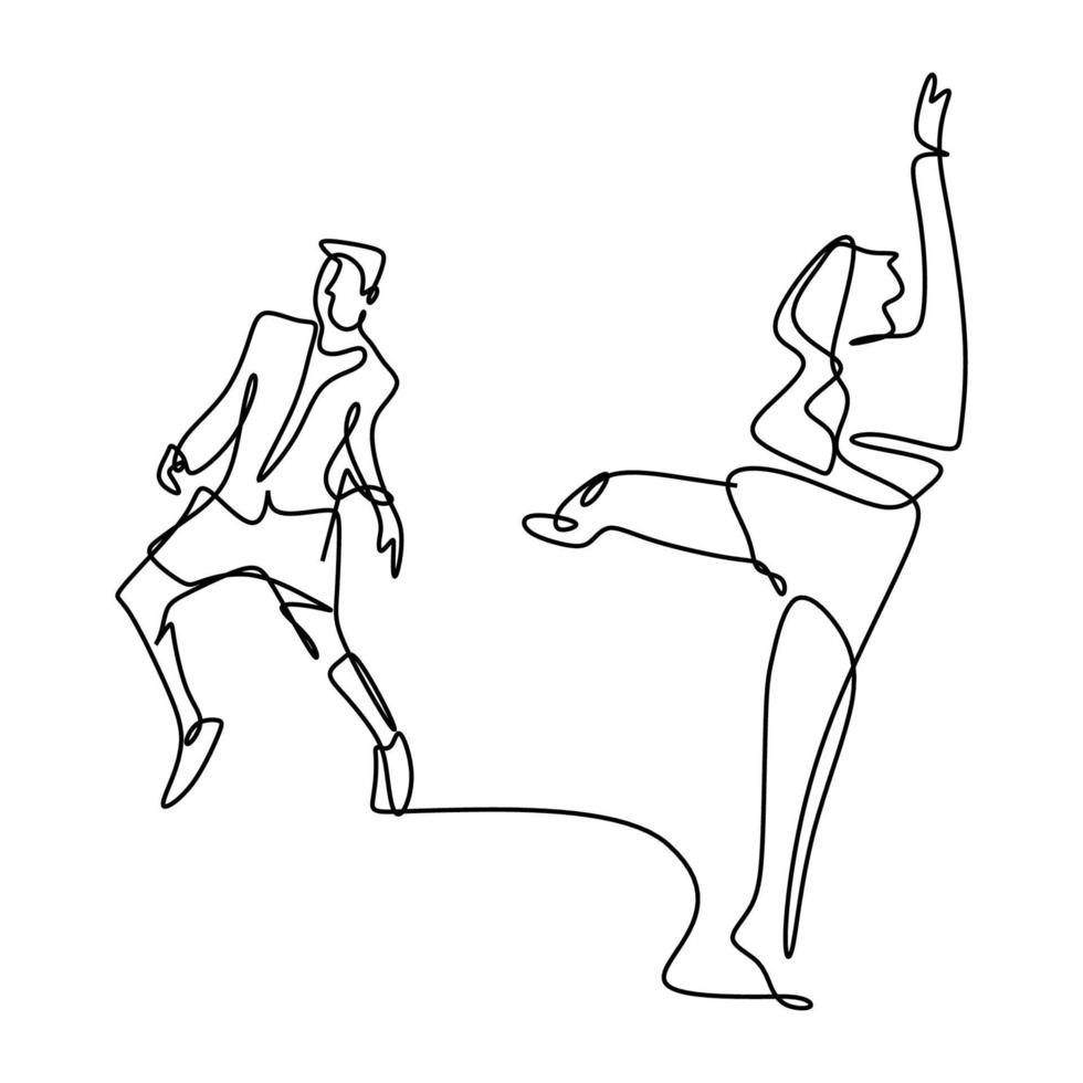 dibujo continuo de una línea de bailarina de personas. jóvenes enérgicos hombres y mujeres están practicando baile para realizar aislado sobre fondo blanco. concepto de bailarina profesional. vector diseño minimalista