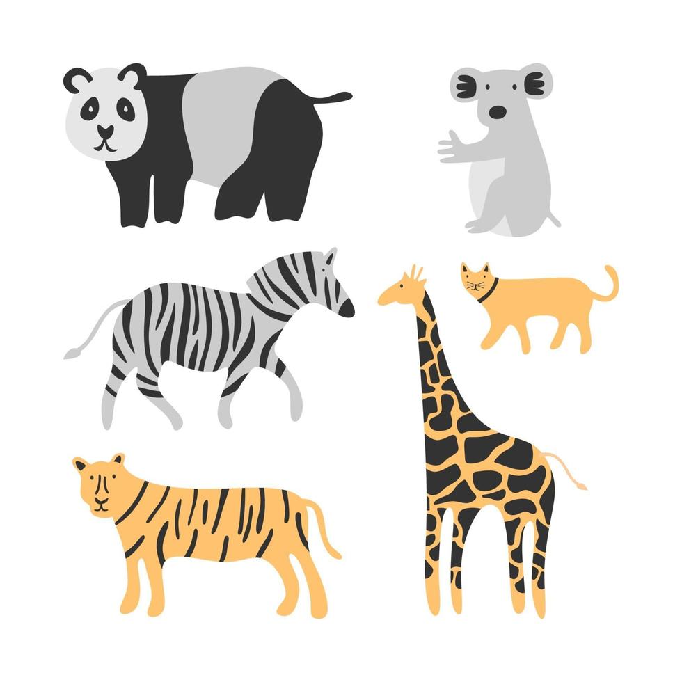 conjunto de animales lindos. adorable gato, tigre, panda, cebra, canguro y jirafa aislado sobre fondo blanco. Textura creativa de niños escandinavos para tela, envoltura, textil, papel tapiz, ropa vector