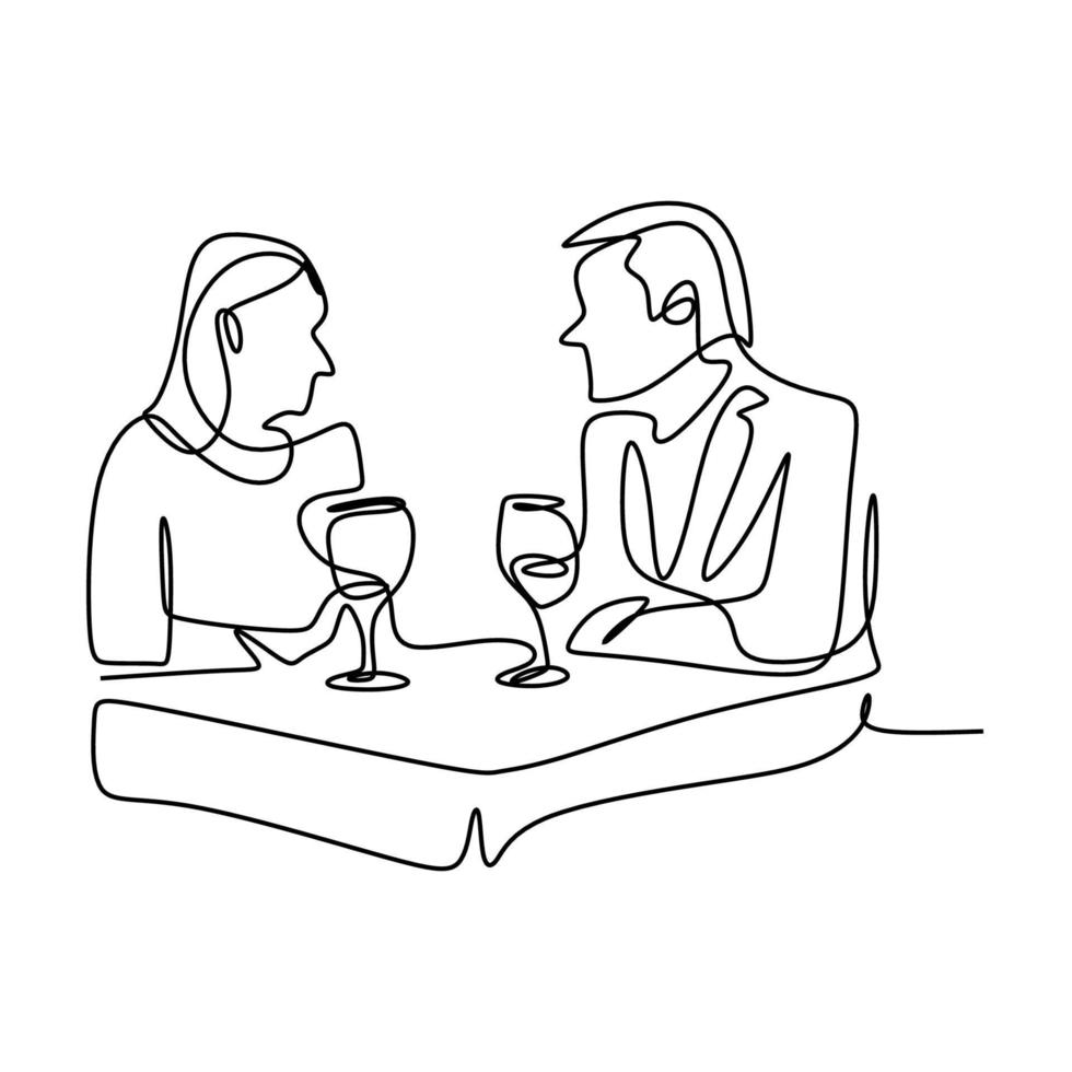 dibujo continuo de una línea de cena romántica feliz pareja joven con mesa y vino. pareja masculina y femenina haciendo cita y cena juntos. el concepto de amor, citas y restaurante. vector