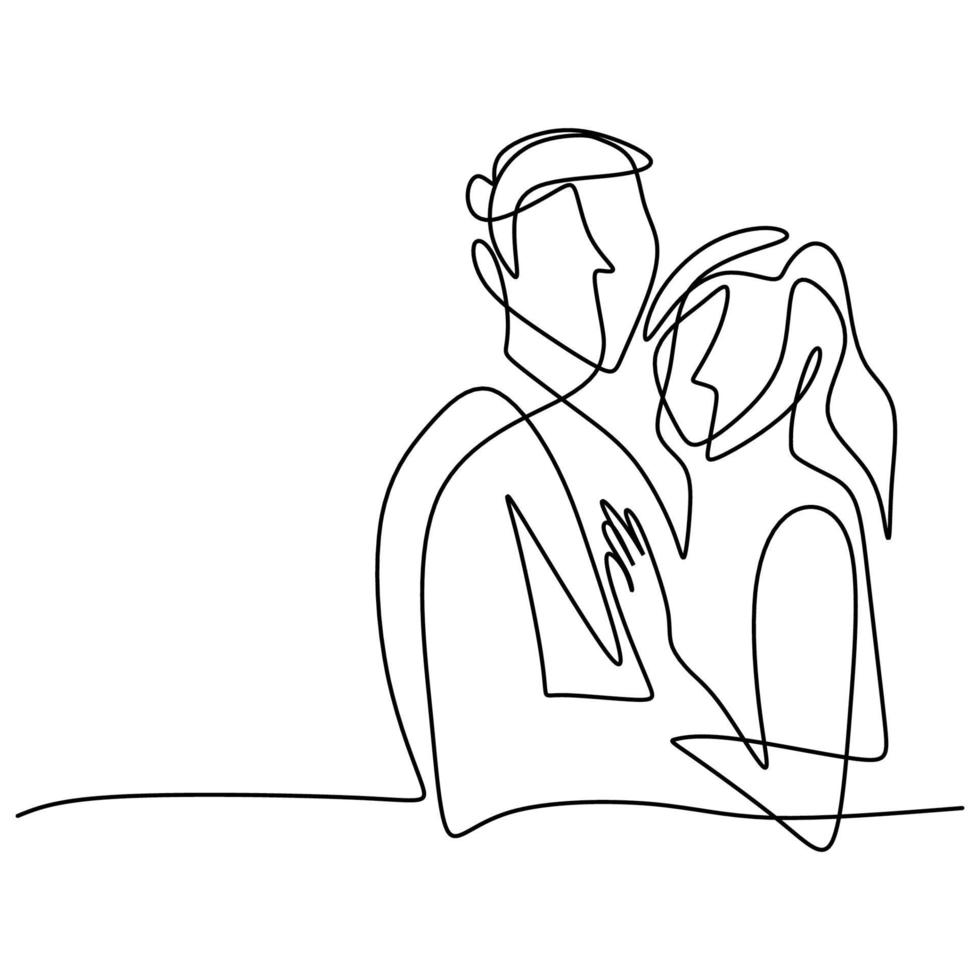 Continuous one line drawing of loving couple woman and man in romantic pose. Young male and female are in happiness moment isolated on white background. Vector illustration minimalism style