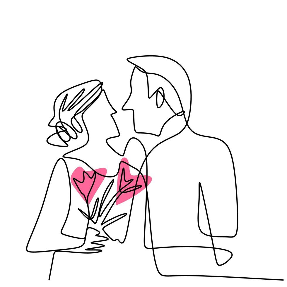 dibujo continuo de una línea de pareja amorosa mujer y hombre en pose romántica. hombres y mujeres jóvenes están en el momento de la felicidad aislado sobre fondo blanco. ilustración vectorial estilo minimalista vector