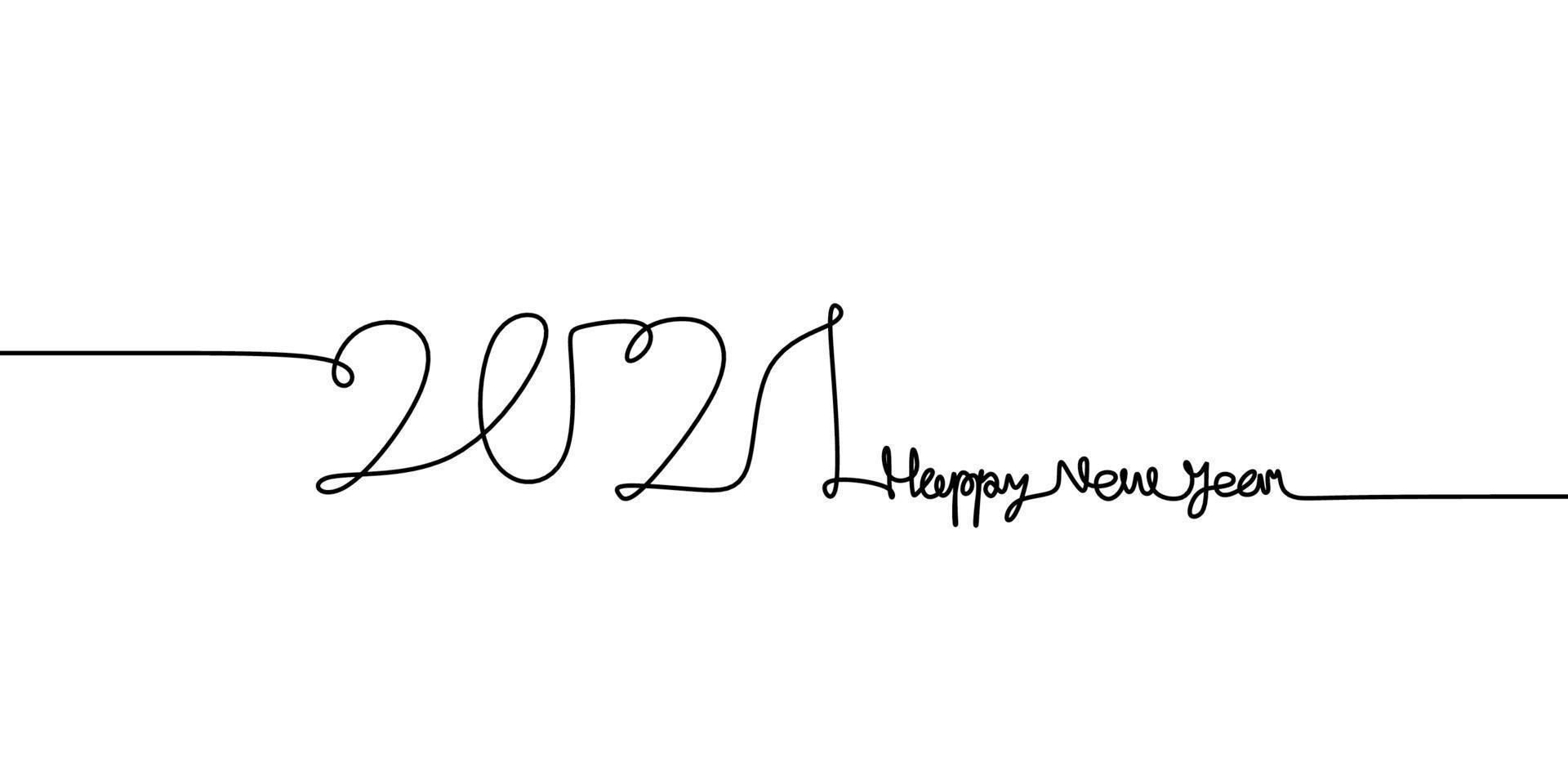 Continuous one line drawing of a 2021 with happy new year text handwritten lettering minimalist black line art sketch isolated on white background. Year of the bull. Greeting card or banner design vector