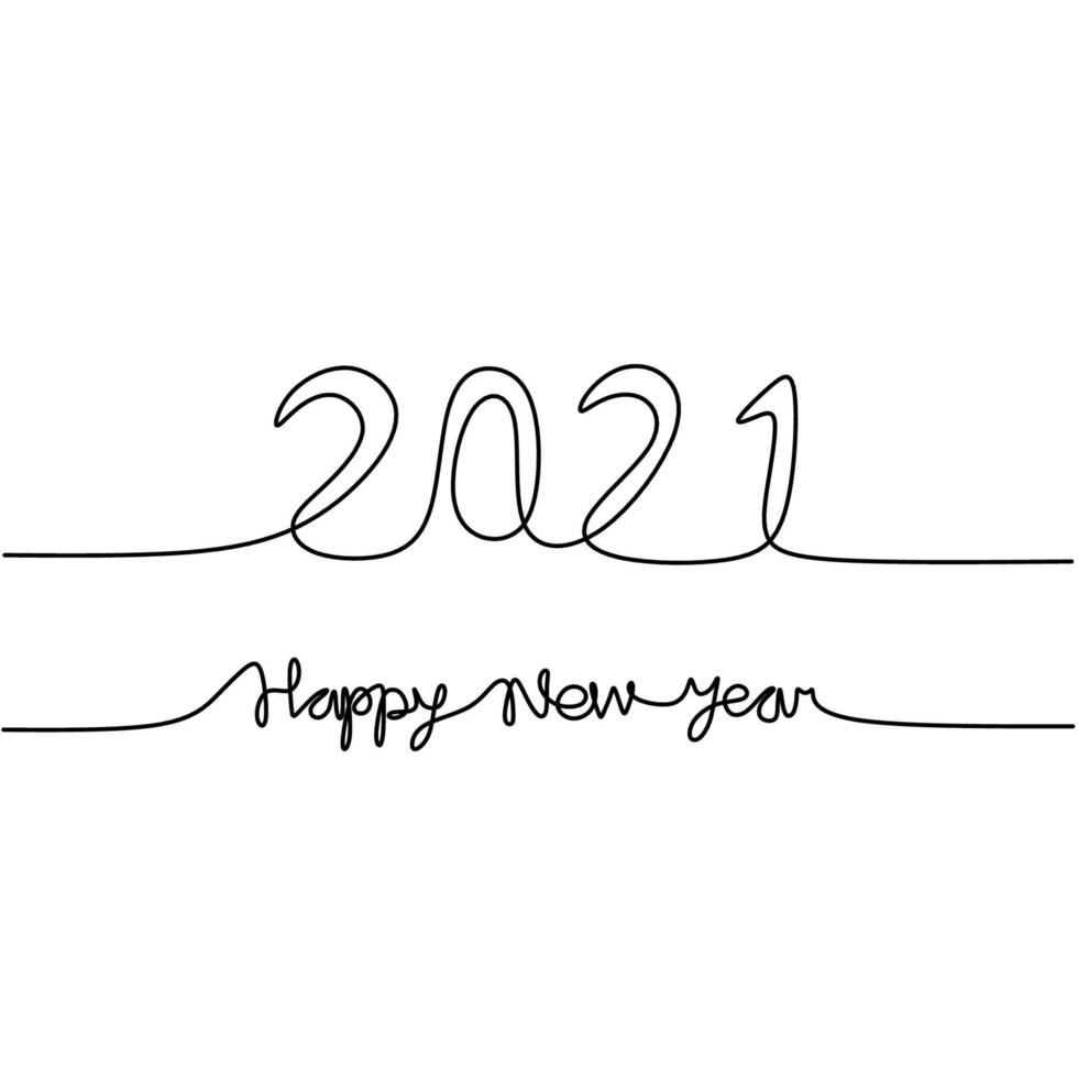 Continuous one line drawing of a 2021 with happy new year text handwritten lettering minimalist black line art sketch isolated on white background. Year of the bull. Greeting card or banner design vector