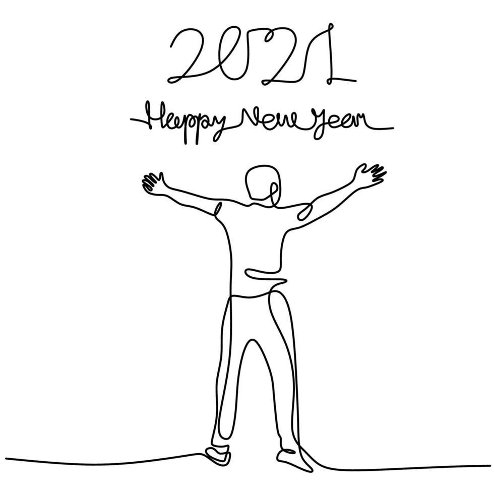 Continuous one line drawing of man celebrate the 2021 New year. Happy young male stand up and raise his hands to welcome the new year. New year, new hope. Year of the bull. Vector illustration