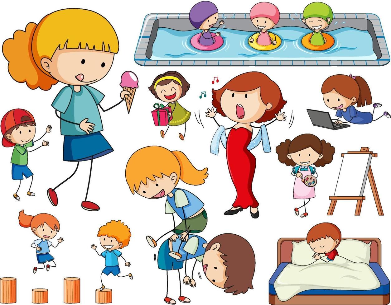 Set of different doodle kids cartoon character vector